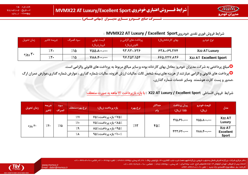 شرایط فروش ویژه نقدی و اعتباری MVM X22 AT